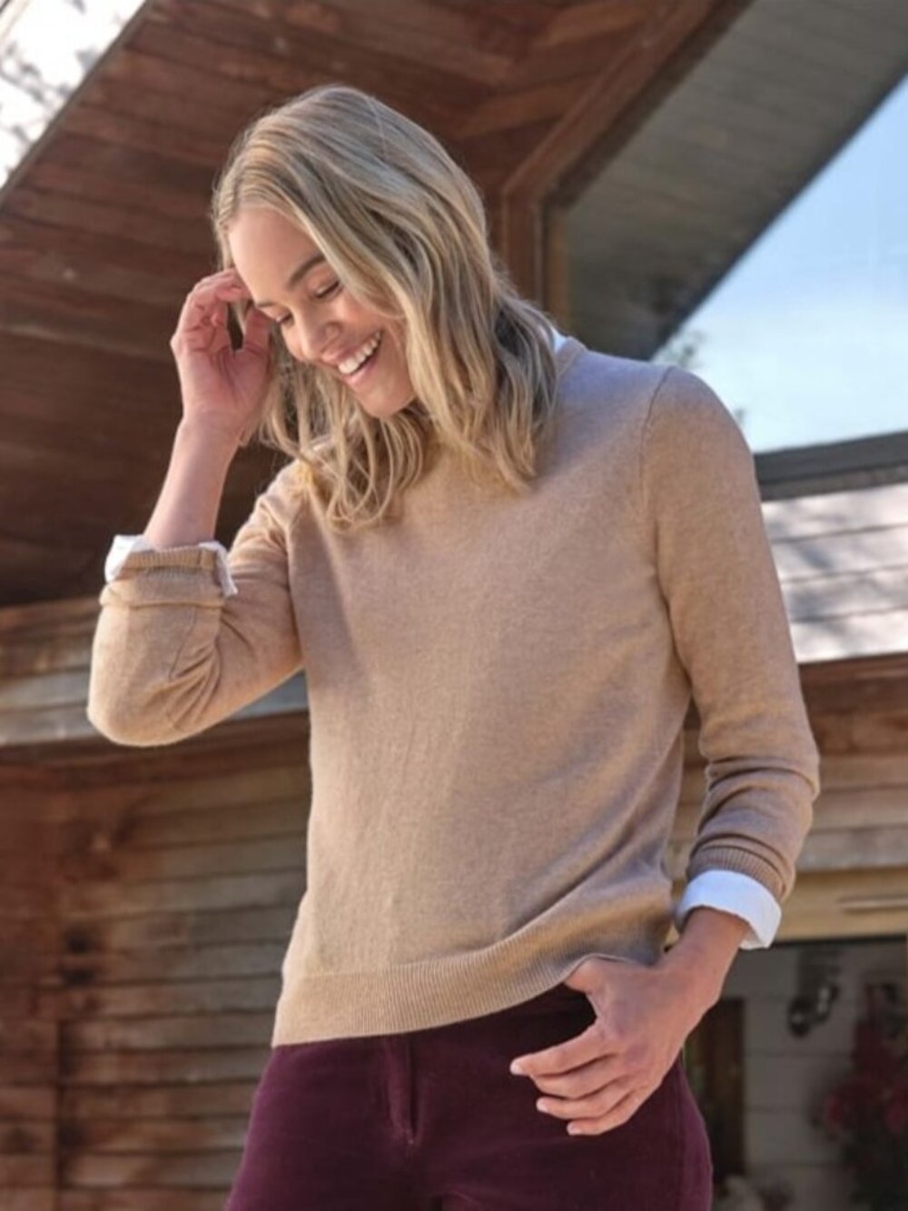 WoolOvers Cashmere and Merino Crew Neck Knitted Sweater Camel Size S Office